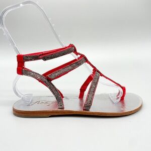 Free People Womens 39 Red Rhinestone Gladiator Sandals Leather Flat Strappy Boho